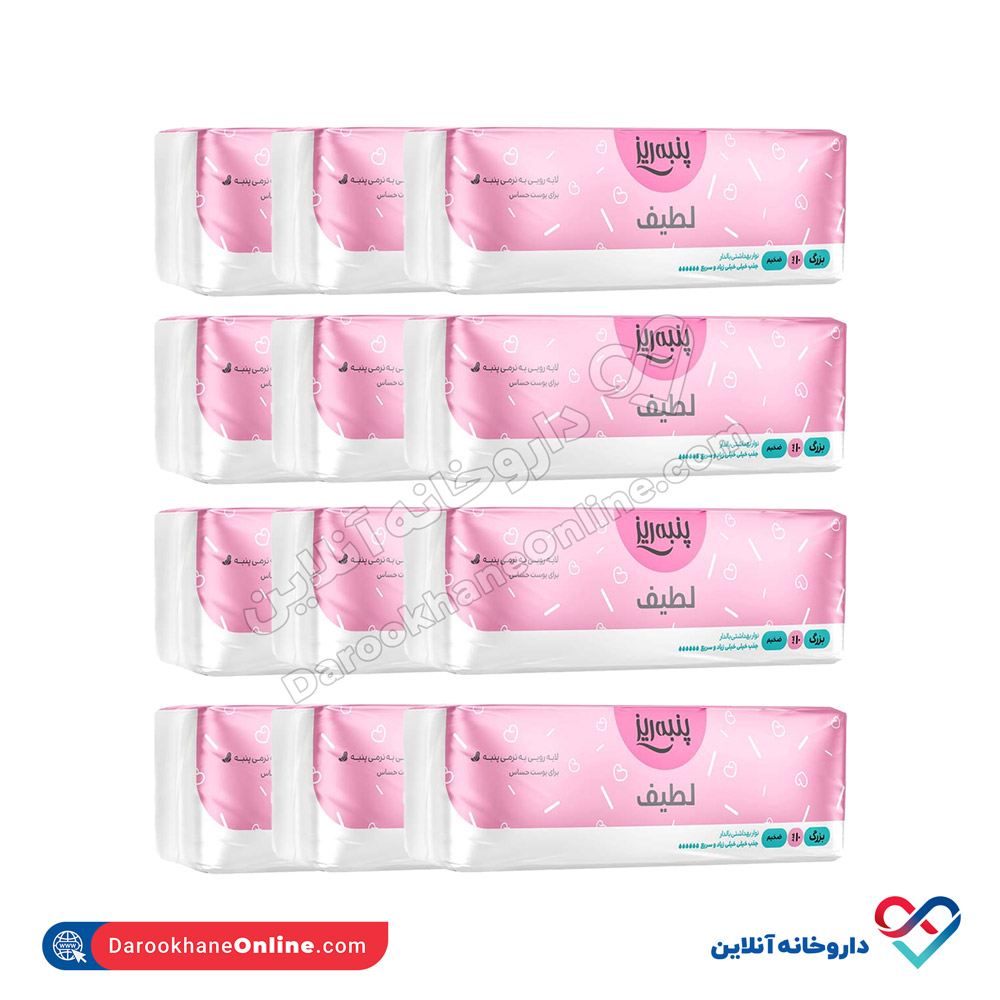 Panberes-Large-Think-Soft-Pad-10pcs-pack12.jpg پکیج 12 عدد نوار بهداشتی لطیف،بزرگ و ضخیم پنبه ریز 10 عددی - Image 1